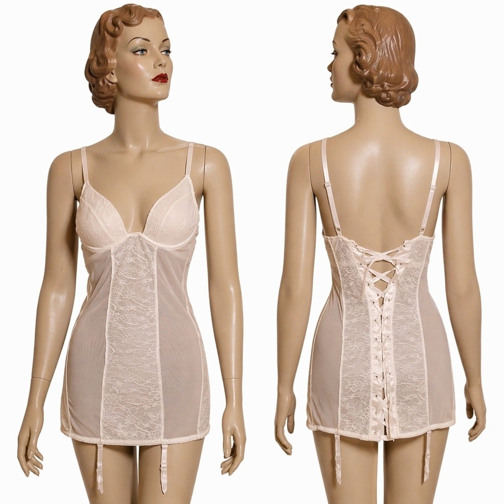 Vintage Cream Lace Mesh Corset Back Chemise Garter Slip Underwire‎ Lingerie